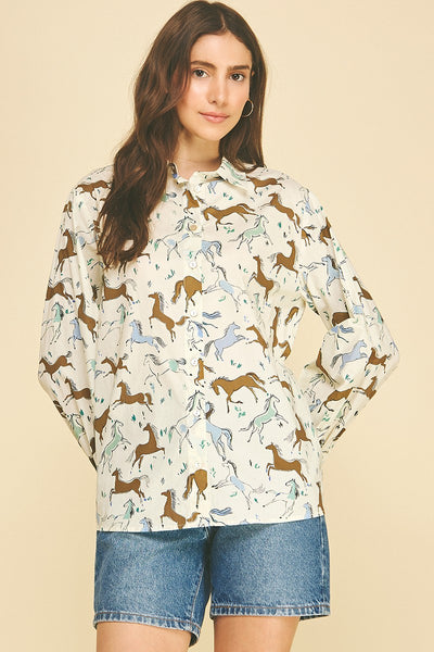 Stay Wild Horse Print Cotton Button-Down Blouse