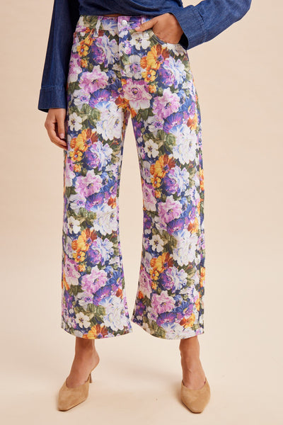 Romantic Bloom Multi-Color Floral Stretch Denim Micro Barrel Pants