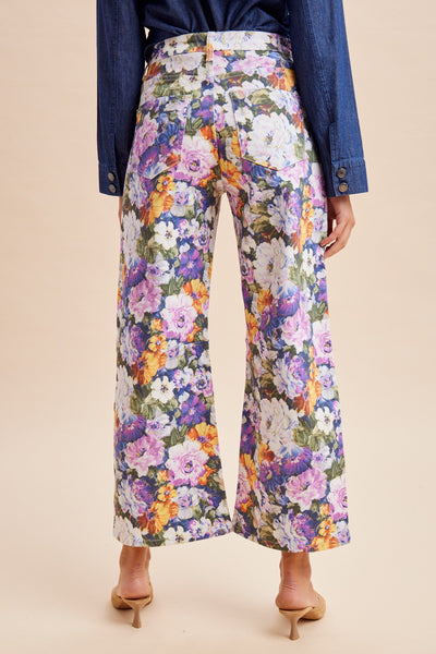 Romantic Bloom Multi-Color Floral Stretch Denim Micro Barrel Pants