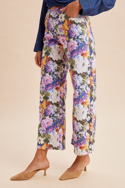 Romantic Bloom Multi-Color Floral Stretch Denim Micro Barrel Pants