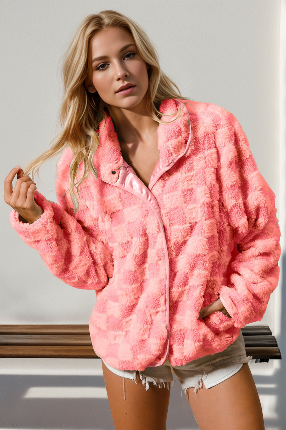 Warehouse Checkered Long Sleeve Fuzzy Jacket Strawberry S