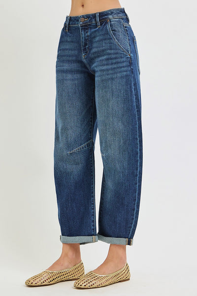Dark Wash High-Stretch Slouchy Barrel Crop Jeans