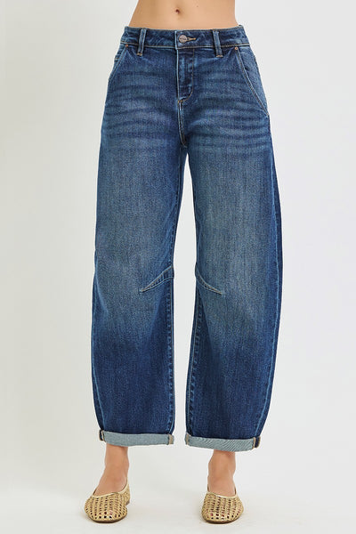 Dark Wash High-Stretch Slouchy Barrel Crop Jeans