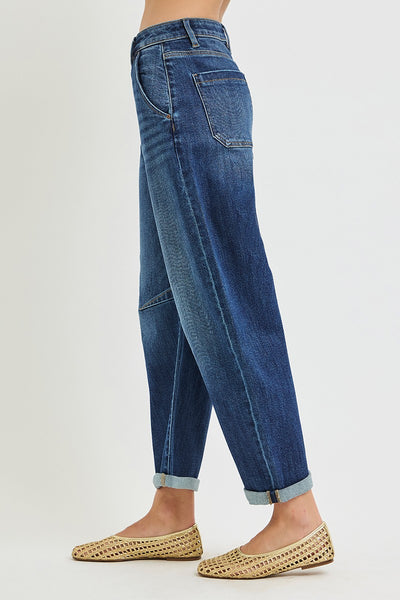 Dark Wash High-Stretch Slouchy Barrel Crop Jeans