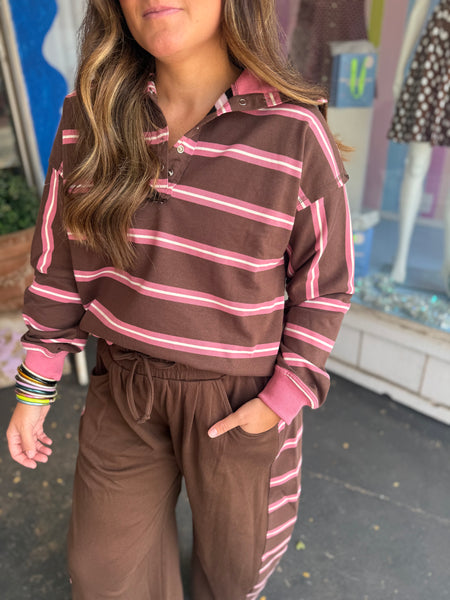 STRIPED CONTRAST SNAP COLLAR LONG SLEEVE PULLOVER