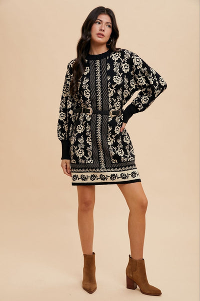 Warehouse Floral Jacquard Round Neck Sweater Dress