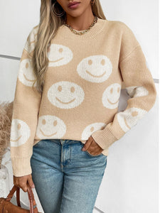 Smile Pattern Round Neck Long Sleeve Sweater  Tan S 