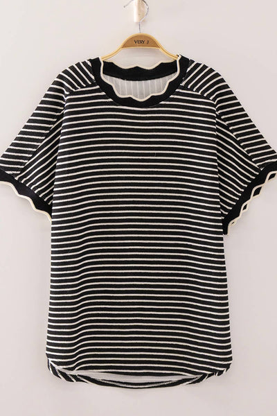 VERY J - NT12700-Scallop Trim Stripe Knit Top S-M-L/2-2-2 BLACK STRIPE