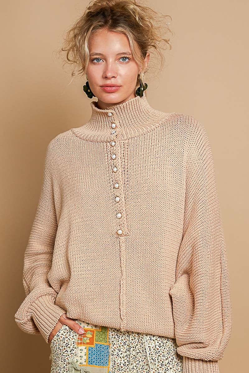 POL Pearl Detail Turtleneck Long Sleeve Sweater  Latte S 