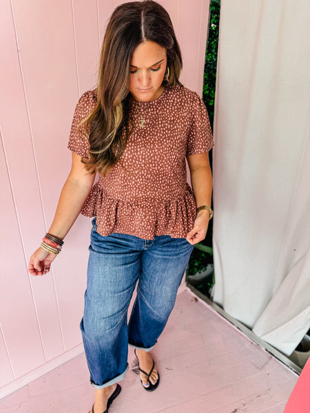 Fawn Print Puff Sleeve Peplum Blouse