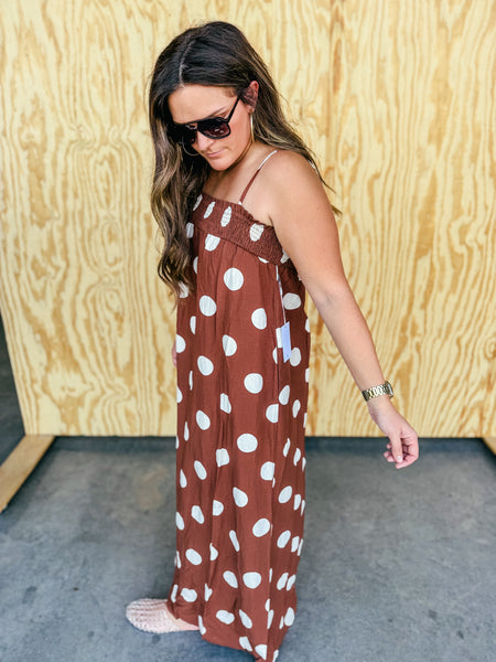 Chocolate with white polka dot maxi dress