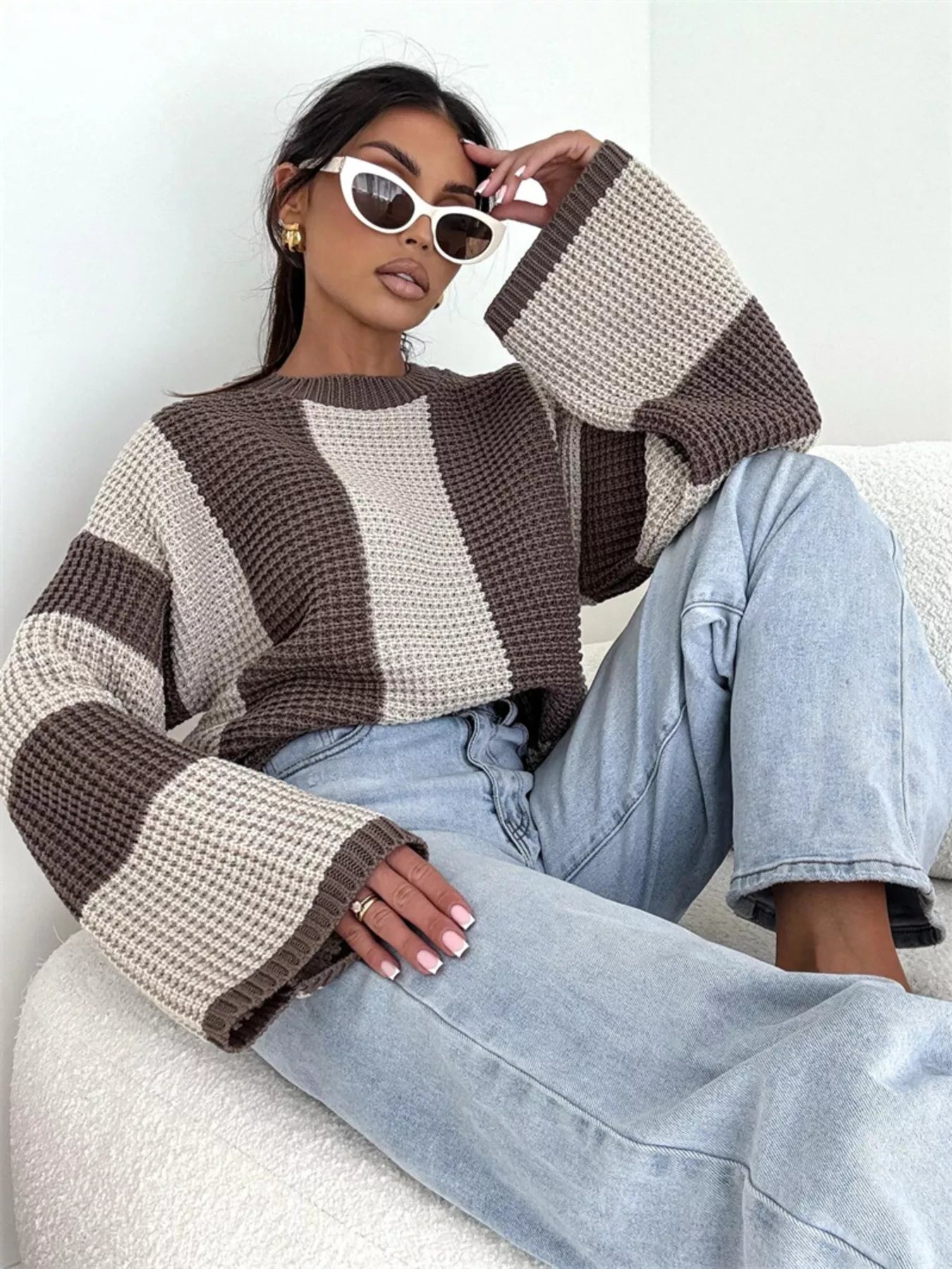 Color Block Long Sleeve Sweater Apricot S