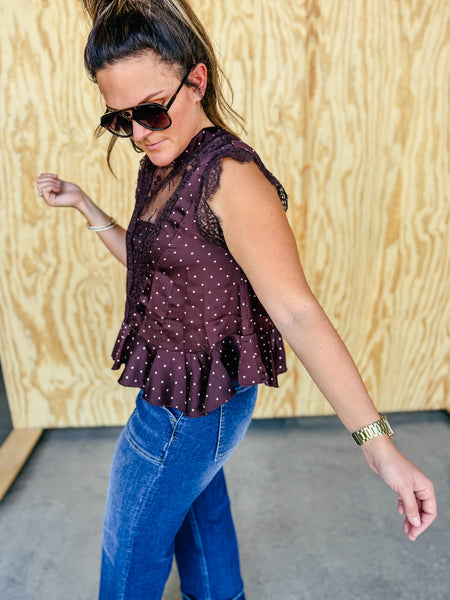 Strawberry Wine Polka Dot Satin Lace Ruffled Blouse