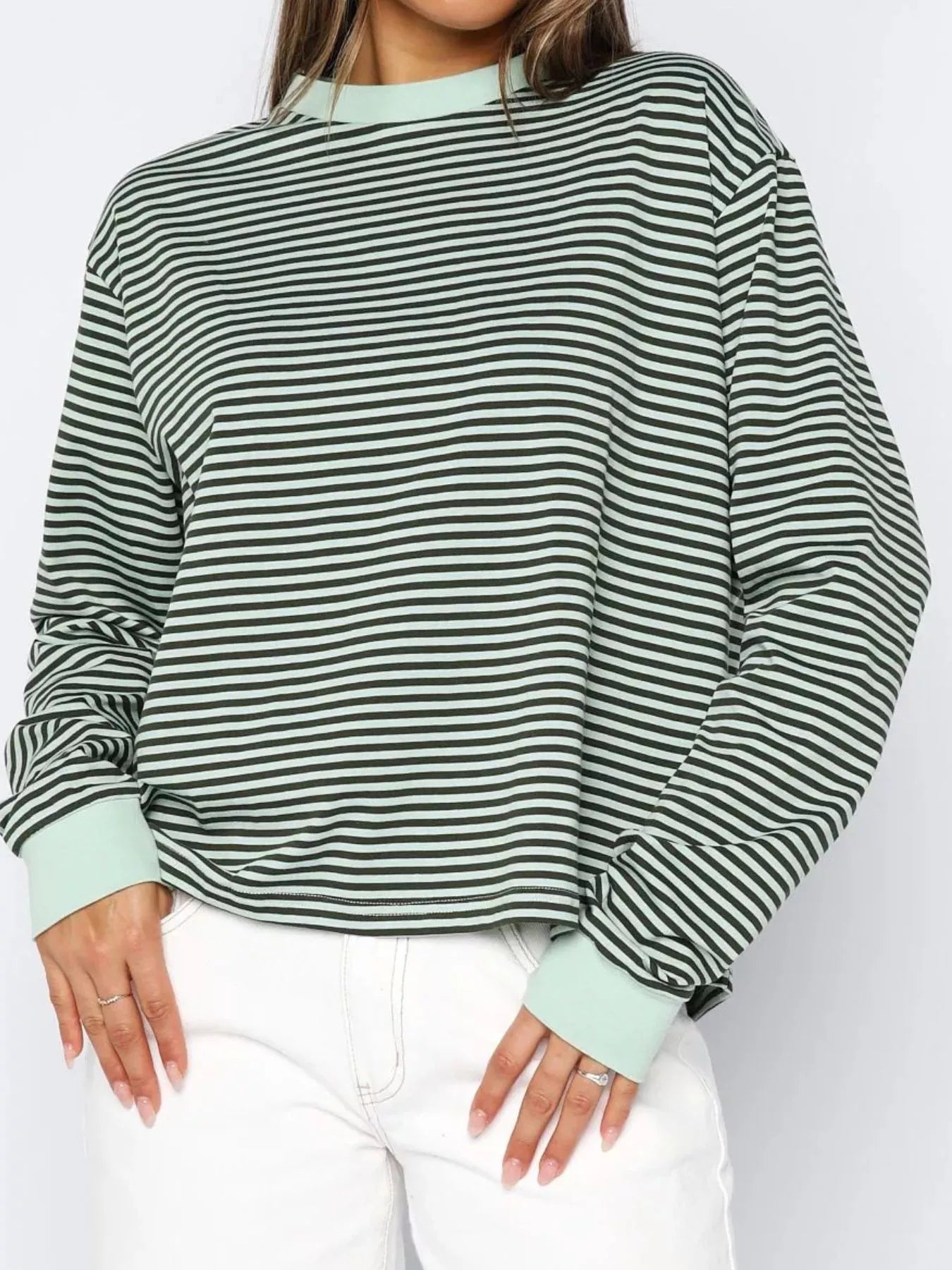 Striped Oversized Round Neck Sweatshirt: WAREHOUSE FIND Matcha Green S