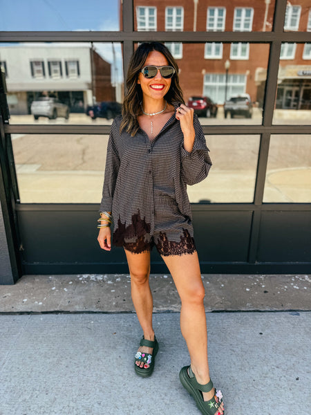 Brown Plaid and Lace Set