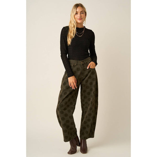 Olive Barrel Denim with Polka Dots