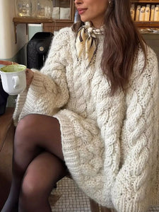 Cable Knit Round Neck Sweater White S