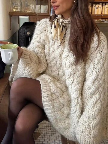 Cable Knit Round Neck Sweater White S