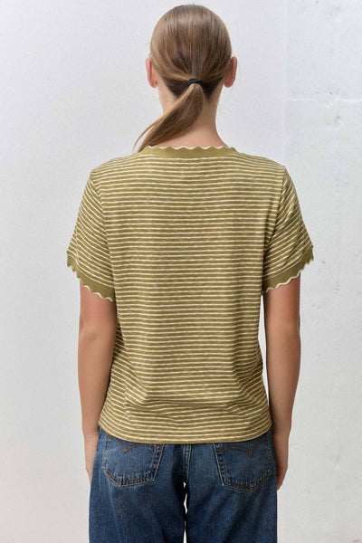 Polagram by Wellmade USA - STRIPED KNIT SCALLOP TRIM TOP