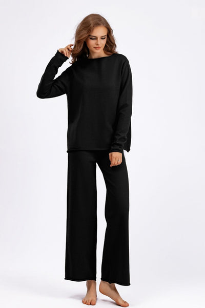 Basic Bae Rolled Round Neck Top and Pants Sweater Set  Black One Size 