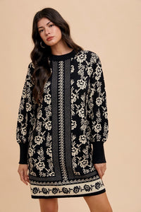 Annie Wear Floral Jacquard Round Neck Sweater Dress Black/Oatmeal S