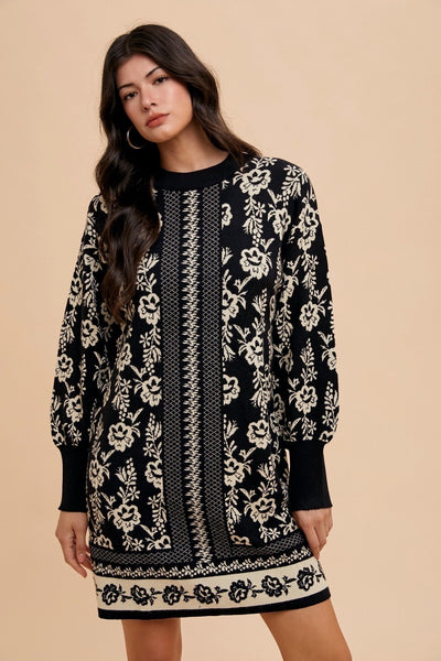 Warehouse Floral Jacquard Round Neck Sweater Dress Black/Oatmeal S