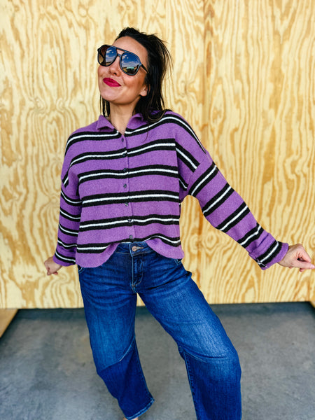 Court Collared Striped Cardigan - Orchid