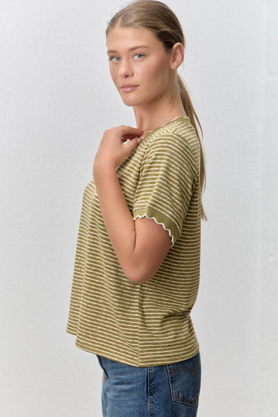 Polagram by Wellmade USA - STRIPED KNIT SCALLOP TRIM TOP