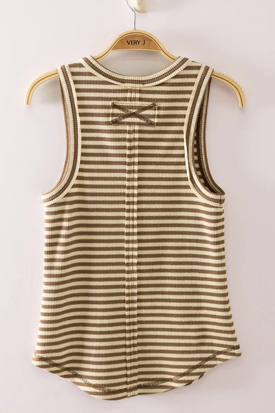 VERY J - NT12124-Striped & Solid Button Down Fitted Knit Tank Top