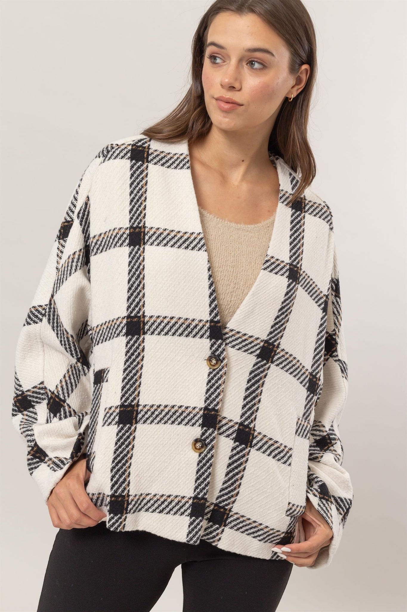 HYFVE Plaid Long Sleeve Jacket with Side Slit Pockets  Cream S 