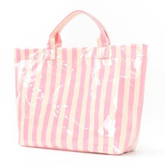 Large Striped Vinyl Tote Bags PINK YELLOW