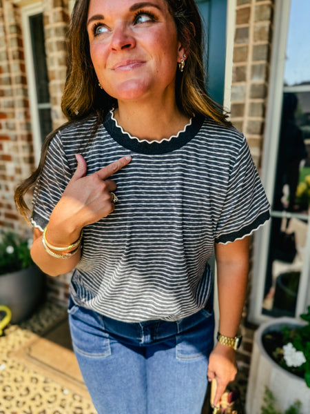 Aubrey Scalloped Striped Knit Tee