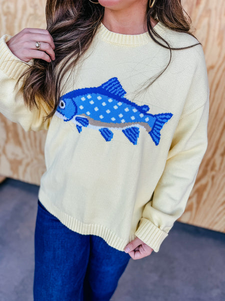 Sunny Lemon Whimsical Fish Knit Sweater – Coastal Graphic Pullover