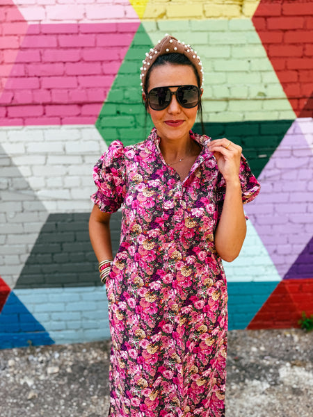 Magenta Magic Garden Floral Puff Sleeve Midi Dress