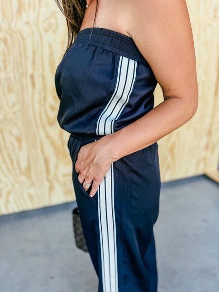 Monaco Strapless Stripe Wide-Leg Jumpsuit — Black & Cream