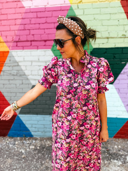 Magenta Magic Garden Floral Puff Sleeve Midi Dress
