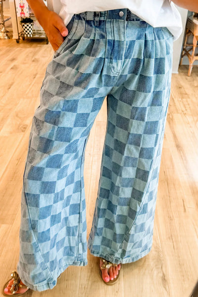 Checkered Wide Leg Jeans with Pockets Dusty Blue 4