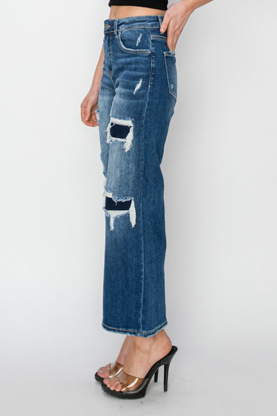 Risen Full Size High Rise Patch Detailed Wide Leg Crop Jeans    