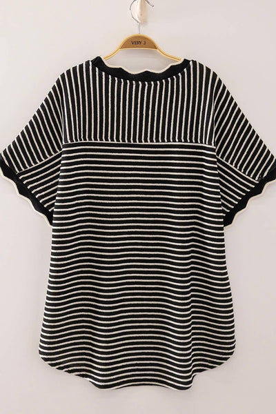 VERY J - NT12700-Scallop Trim Stripe Knit Top