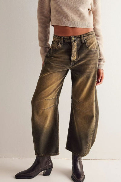 Wide Leg Jeans with Pockets Olive Brown S