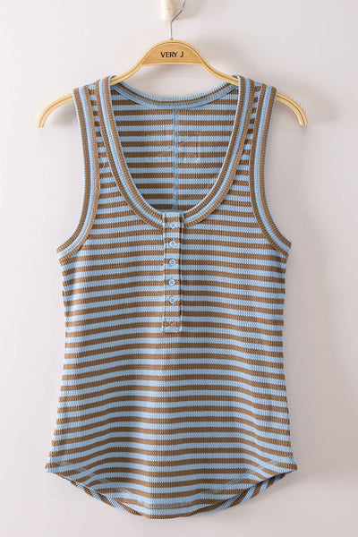 VERY J - NT12124-Striped & Solid Button Down Fitted Knit Tank Top S-M-L/2-2-2 SKY/MOCHA STRIPE