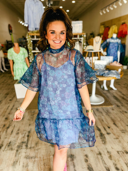 Mock Neck Blue Organza Dress