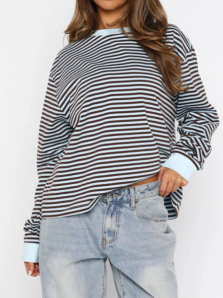 Striped Oversized Round Neck Sweatshirt: WAREHOUSE FIND Light Blue S