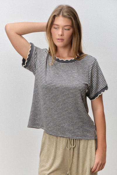 Polagram by Wellmade USA - STRIPED KNIT SCALLOP TRIM TOP CHARCOAL/IVORY M