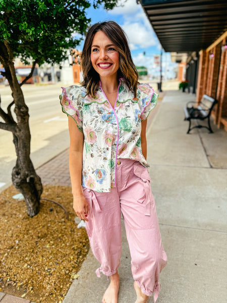 Watercolor Floral Blouse with Piping