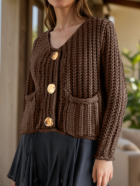 Button Down Long Sleeve Cardigan  Brown S 