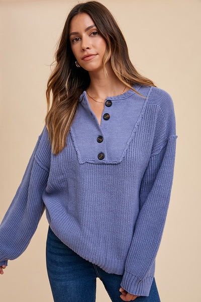 Annie Wear Half Button Ribbed Hem Sweater Light Indigo S