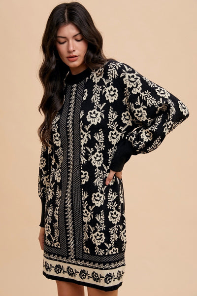 Warehouse Floral Jacquard Round Neck Sweater Dress