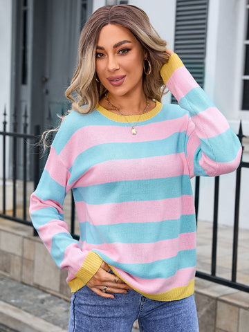 Striped Round Neck Dropped Shoulder Sweater  Blush Pink S 