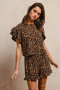 BiBi Leopard Print Waffle Texture Layered Ruffle Sleeve Top and Shorts Set TAUPE/BLACK S